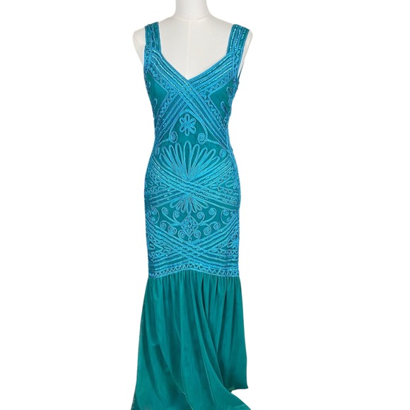 JS Collections Teal Soutache Sequin Mermaid Gown Art Deco V-Neck Formal Dress - Picture 3 of 9